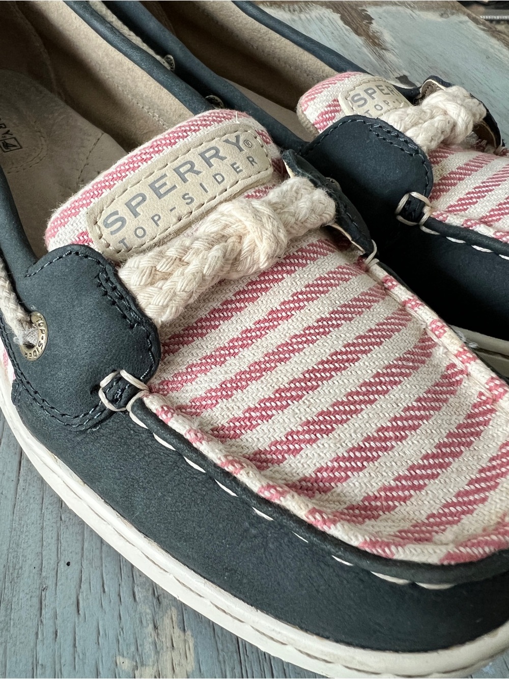 Sperry Navy Leather & Pink Striped Canvas Boat Shoes - Picture 3 of 7